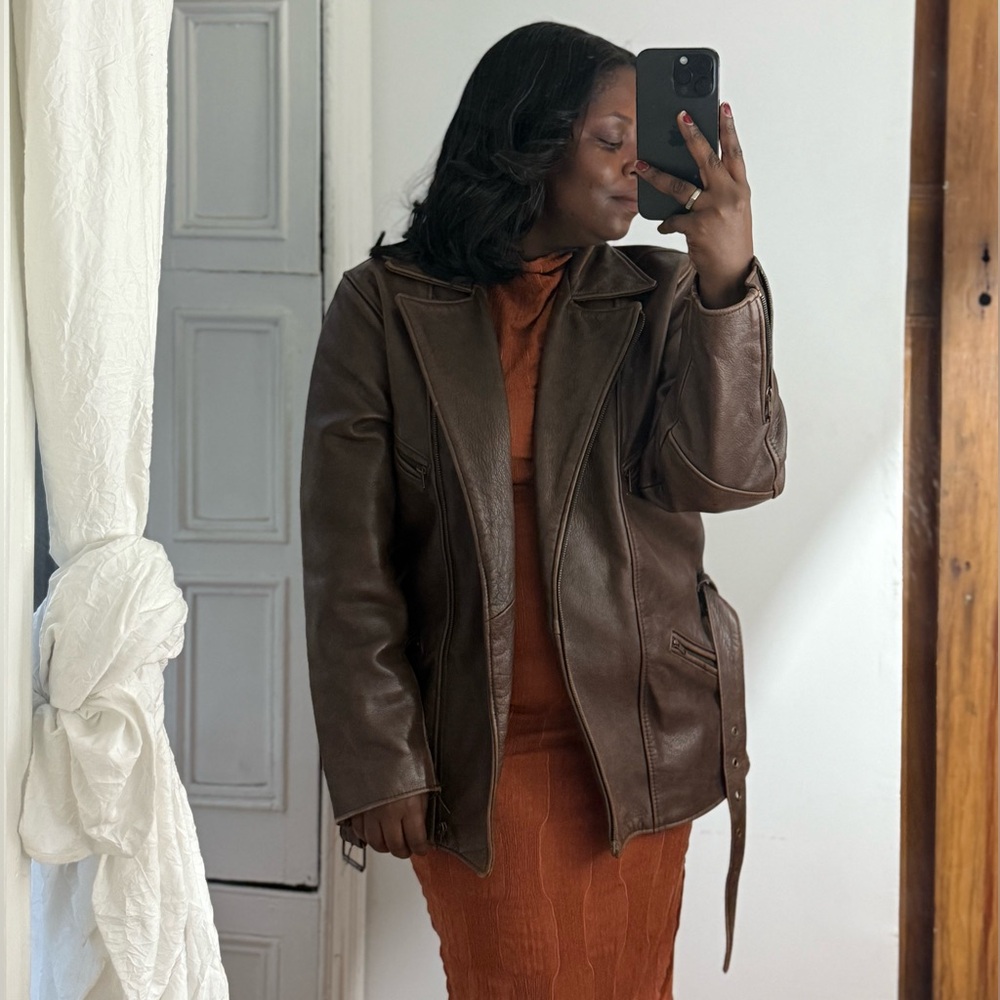 Vintage Bomber Brown Leather belted biker motorcycle zipper Jacket